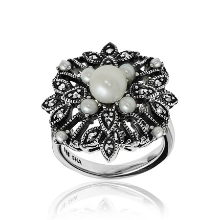 Marcasite and Seed Pearl Victorian-style Ring - Click Image to Close